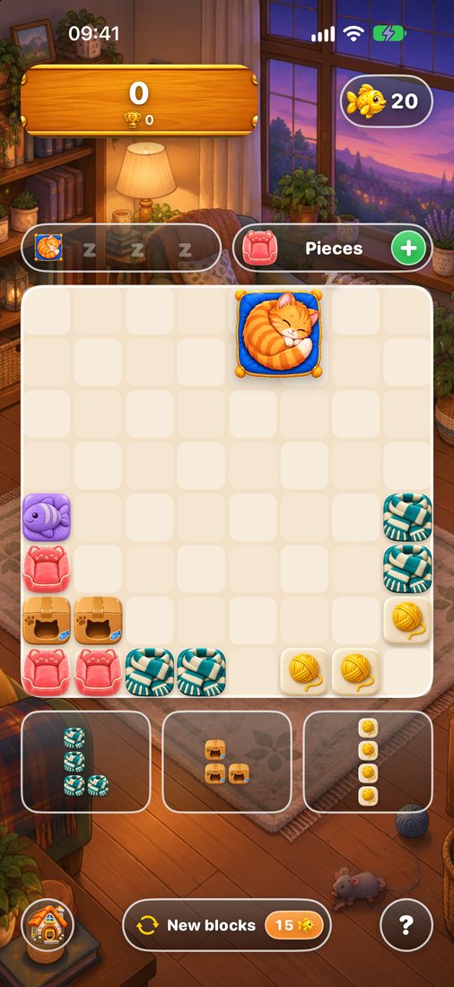 A game in progress: Tabby asleep on her cushion in the corner of the board, with sofas, scarves, yarn and cat boxes around her.