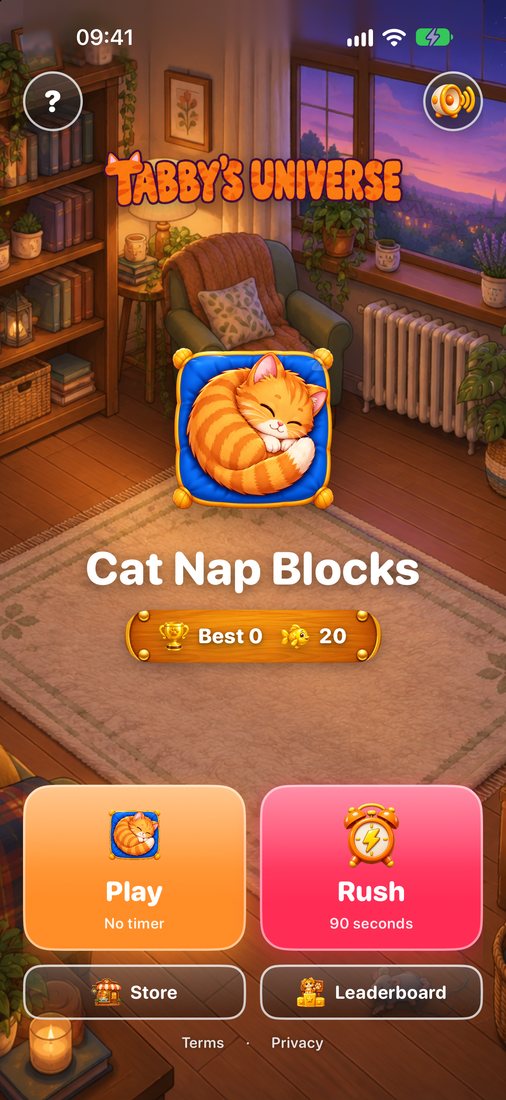The home screen: Tabby asleep on the rug, with Play (no timer) and Rush (90 seconds).