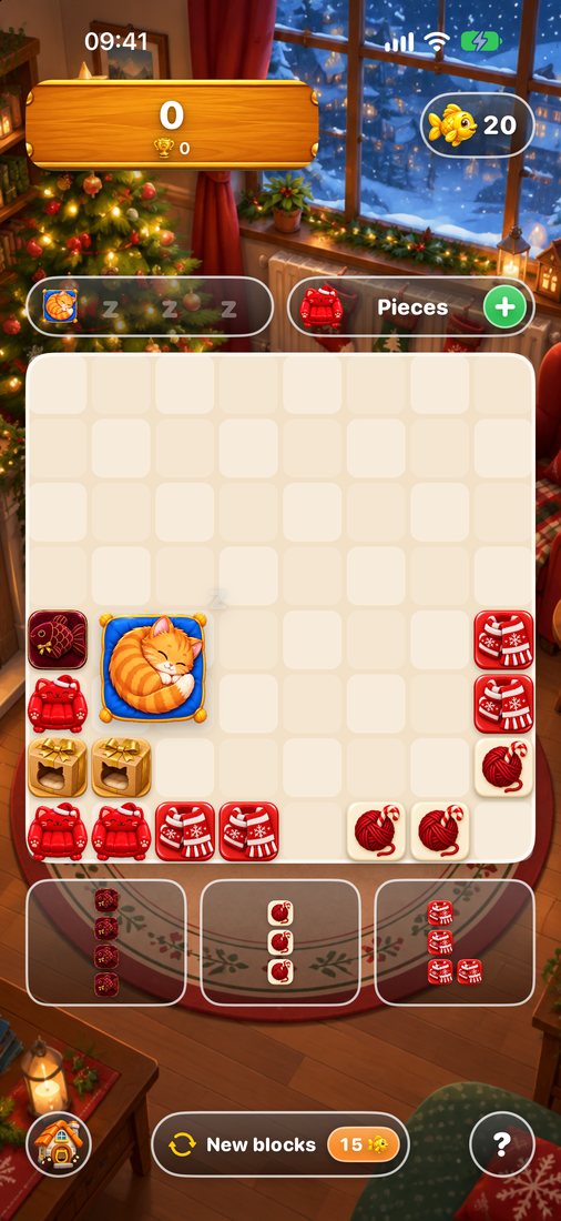 The Christmas room: a tree, fairy lights and festive red tiles.