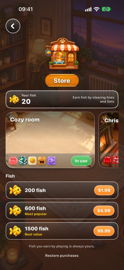 The Store: rooms to decorate and fish packs.